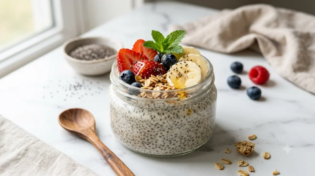 Chia Seed Pudding topped with strawberries, blueberries, and chia seeds