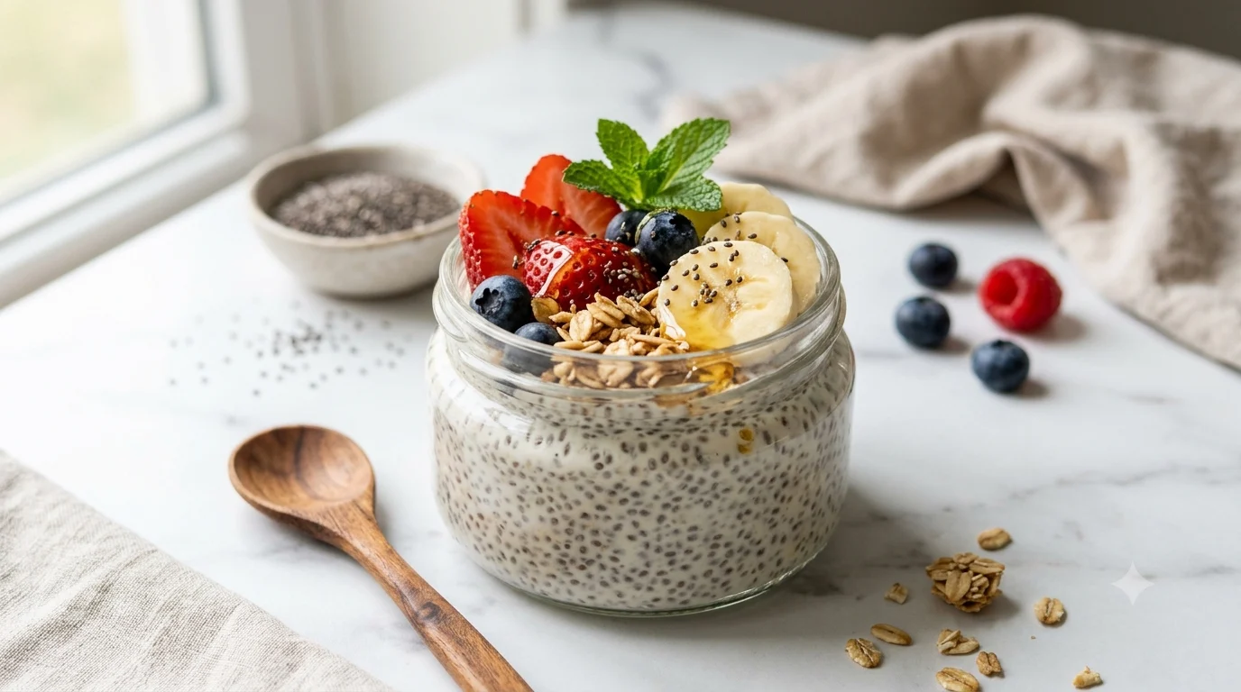 Chia Seed Pudding topped with strawberries, blueberries, and chia seeds