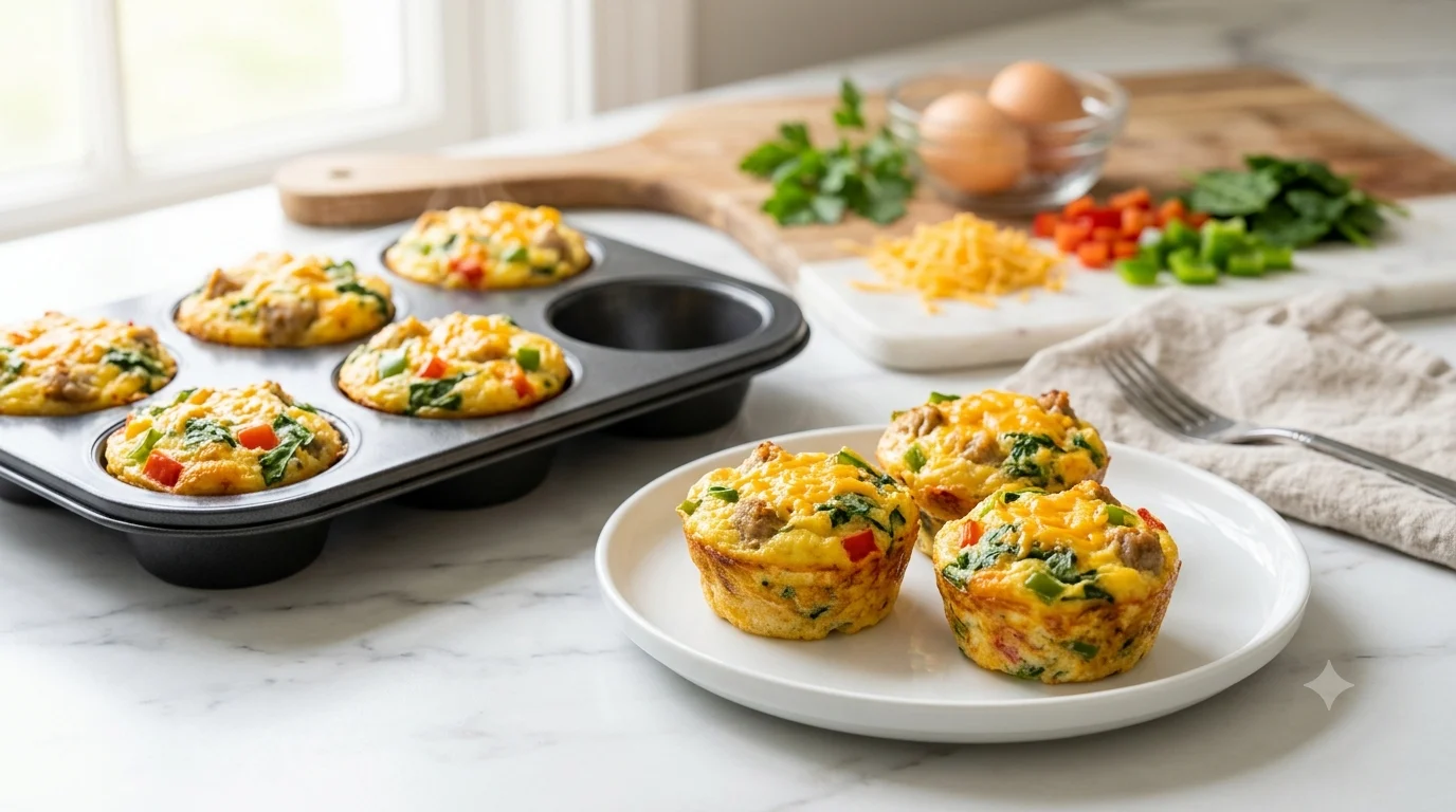 Breakfast Egg Muffins with cheese, spinach, and bell peppers