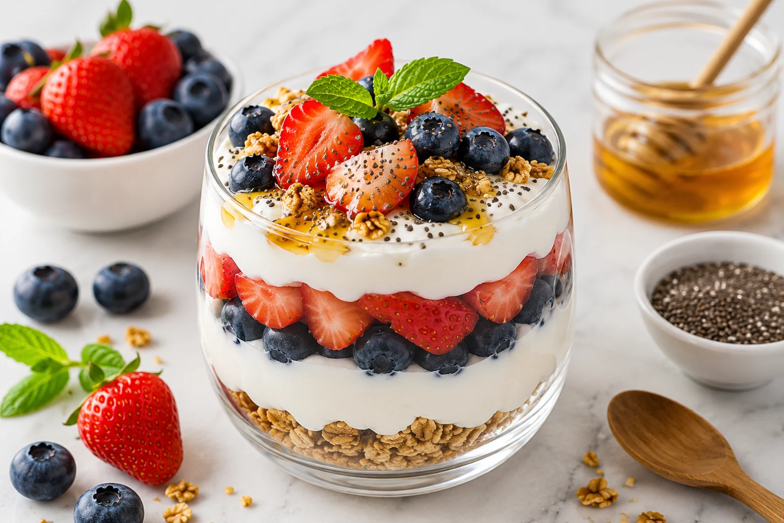 Greek Yogurt Breakfast Parfait with fresh berries and granola