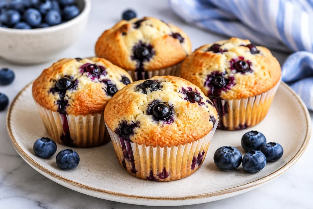 Blueberry cottage cheese muffins with fresh blueberries on a plate