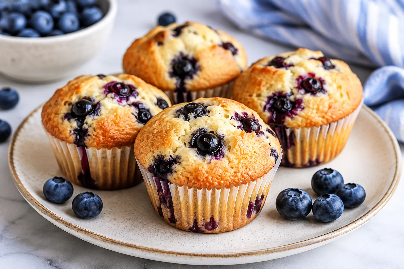 Blueberry cottage cheese muffins with fresh blueberries on a plate