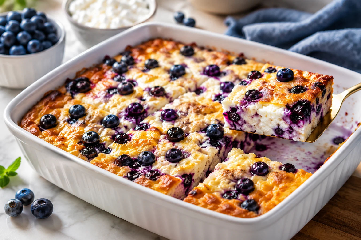 Blueberry Cottage Cheese Breakfast Bake with fresh blueberries
