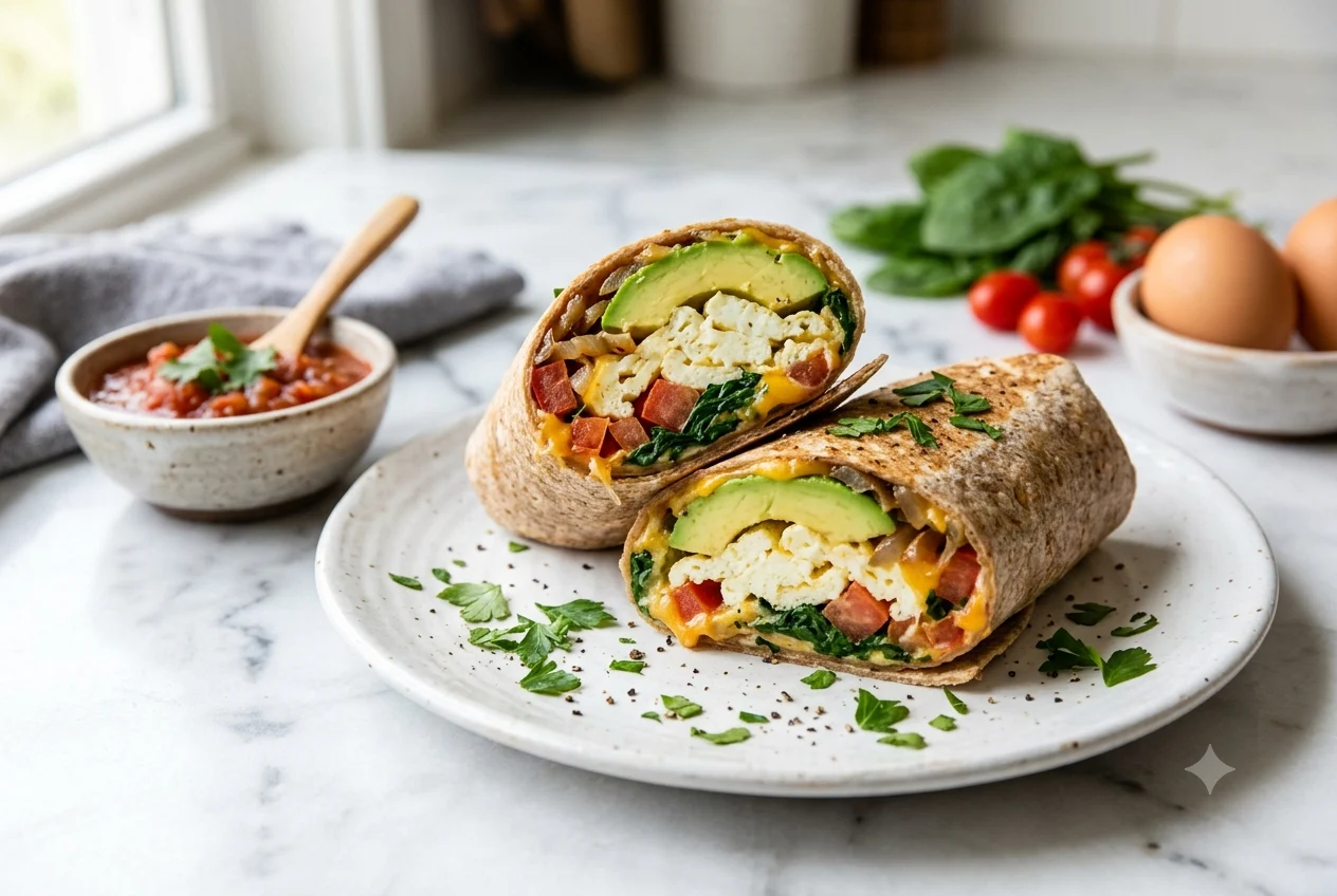 Egg White Breakfast Wrap with spinach, tomatoes, and cheddar cheese