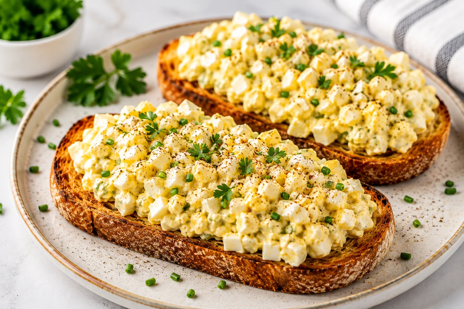 Creamy egg salad toast with fresh herbs