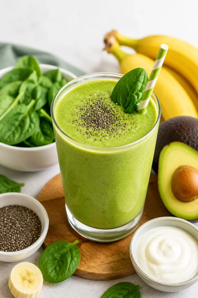 Green Breakfast Smoothie with spinach banana and avocado