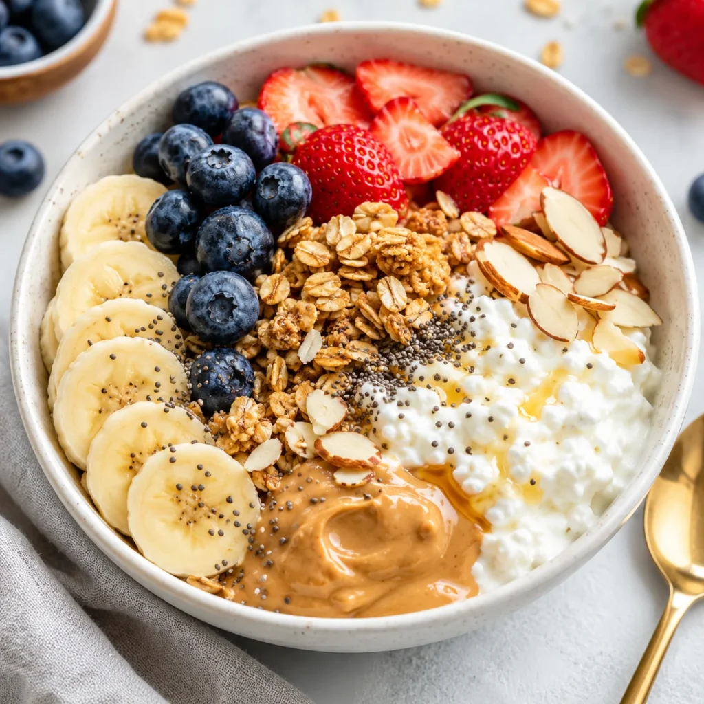High protein breakfast bowl with Greek yogurt berries and banana