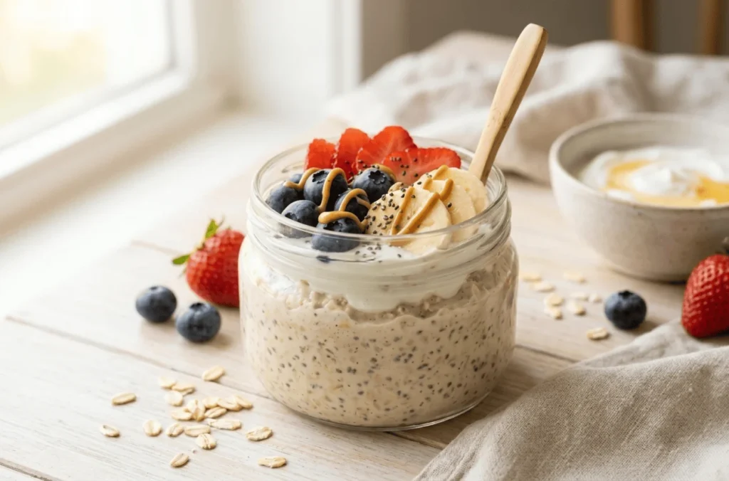 High protein overnight oats with berries and banana in a glass jar