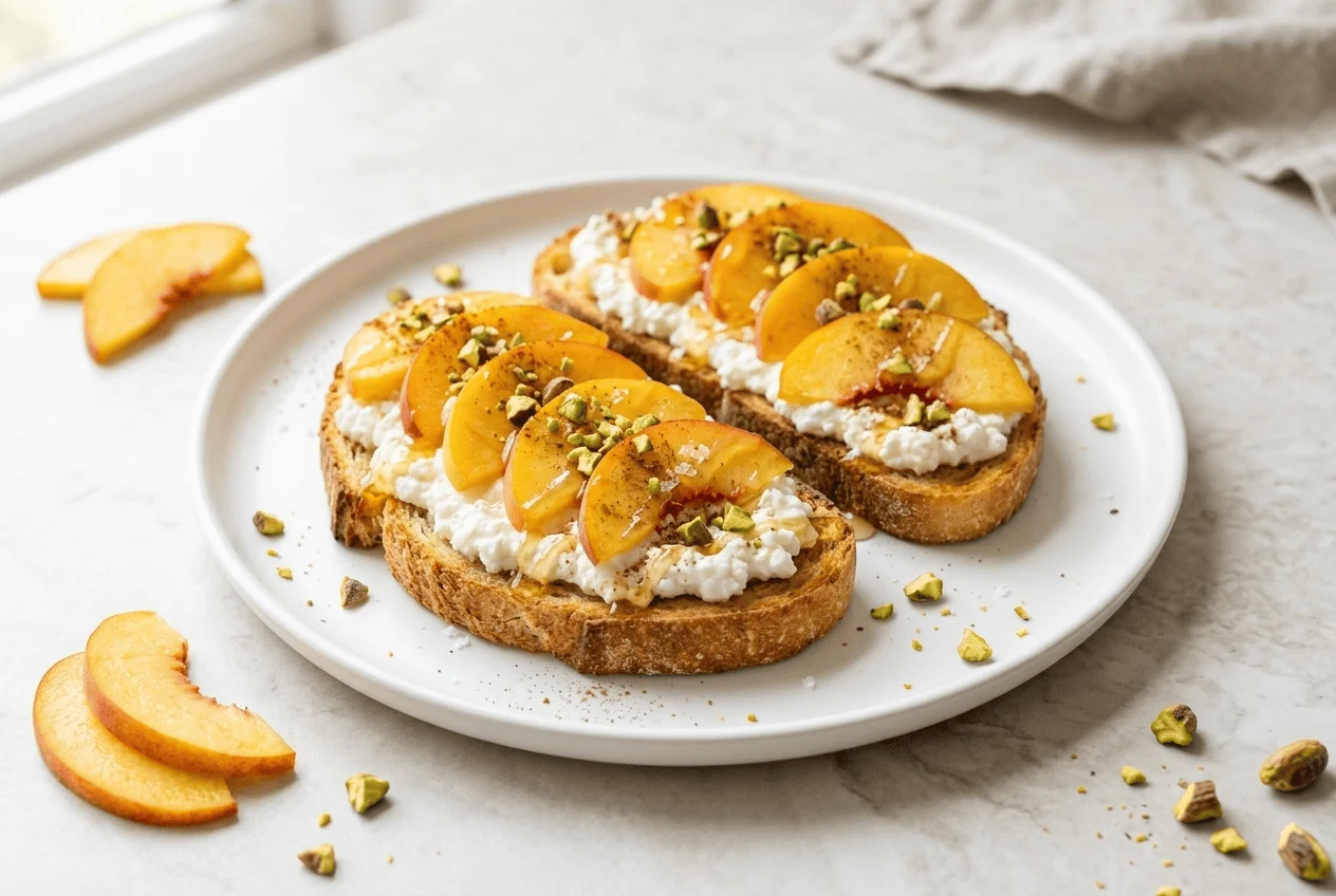 Honey peach toast with cottage cheese, fresh peach slices, honey, pistachios, and cinnamon on sourdough bread.