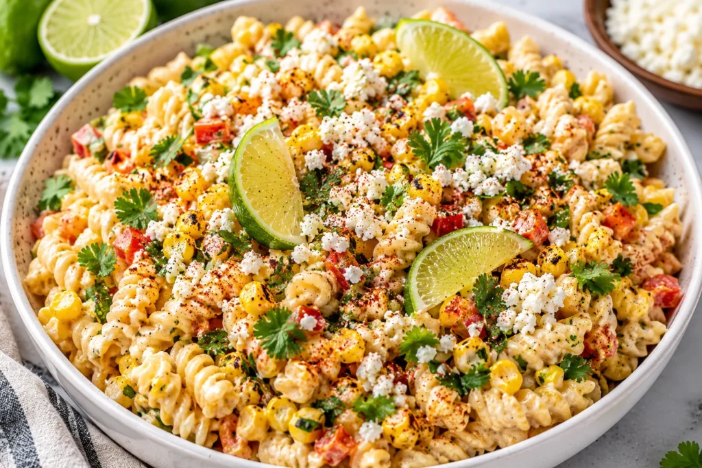 Mexican Street Corn Pasta Salad with corn and cotija cheese