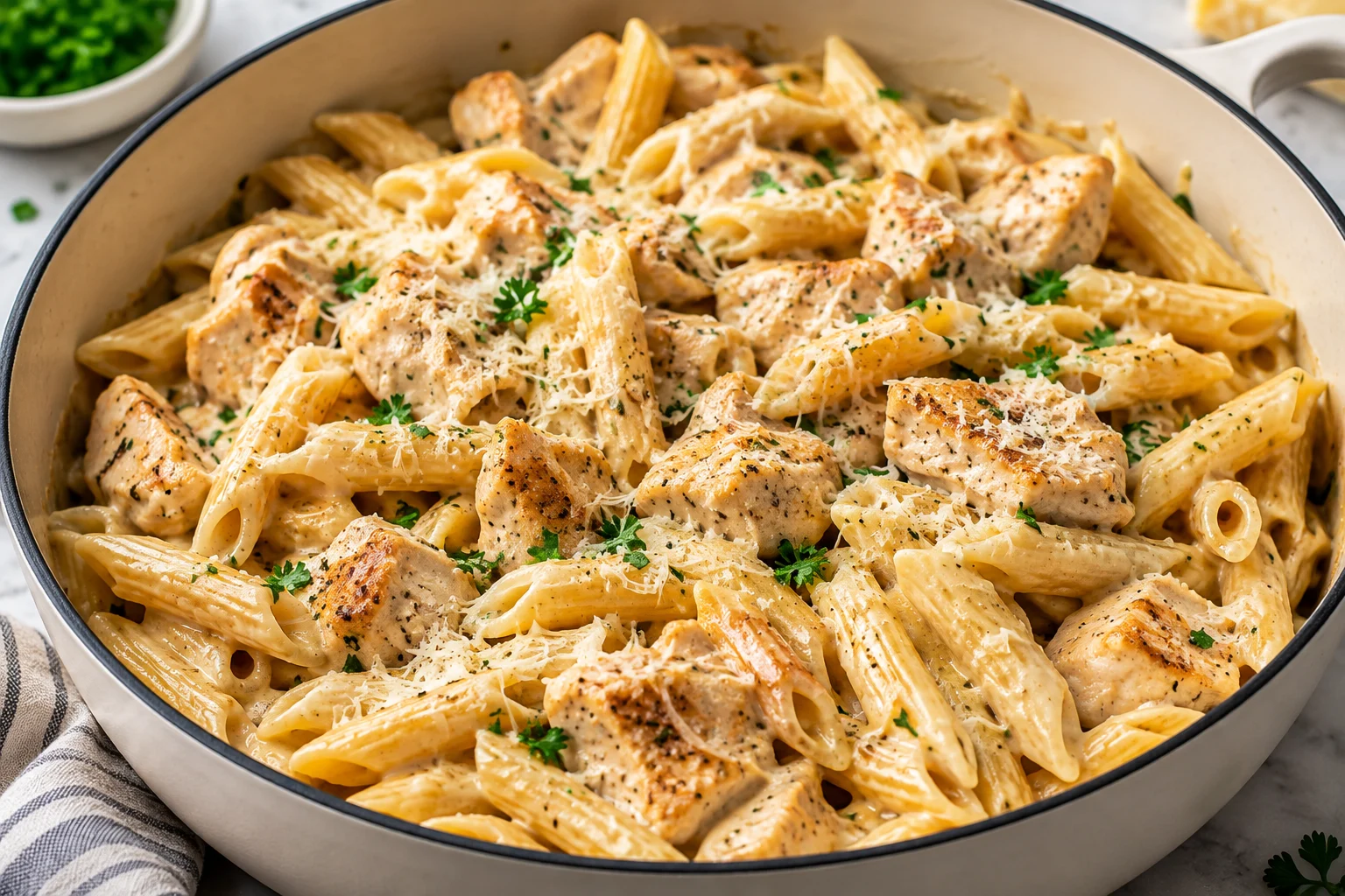 Creamy One-Pot Garlic Parmesan Chicken Pasta with parsley