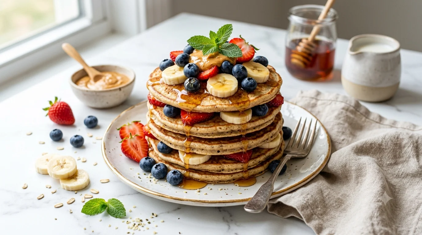 Healthy Protein Pancakes topped with fresh berries and maple syrup