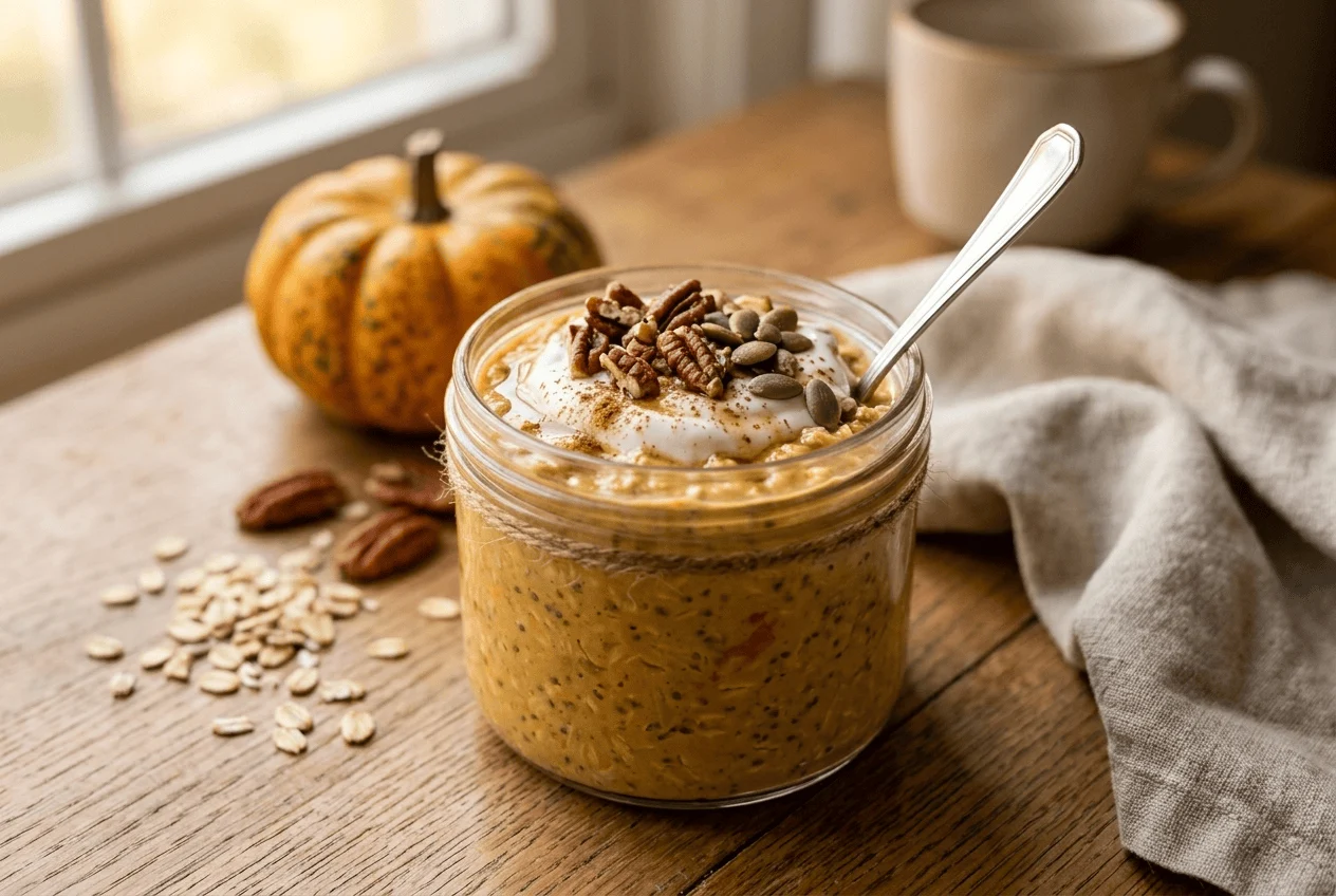 Pumpkin overnight oats topped with Greek yogurt, pecans, and cinnamon
