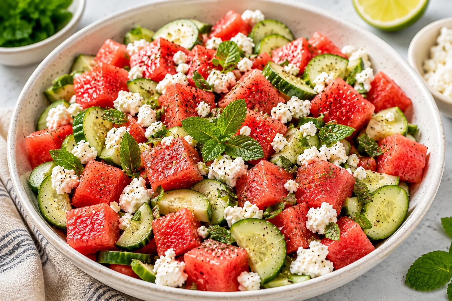 Watermelon Feta Cucumber Salad with feta and mint
