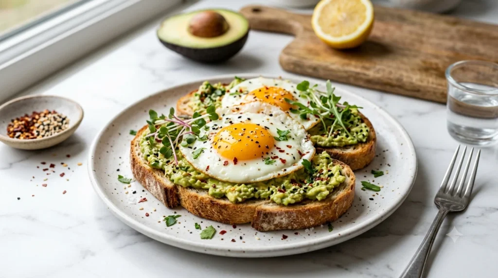 Avocado Egg Toast with fried eggs on whole-grain bread